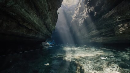 Naklejka premium Sunlit Stream in a Rocky Canyon - A Glimpse of Natural Beauty.