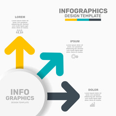 Colorful arrows with icons and text radiate from a central circle, ideal for business or infographic presentations. Vector illustration.