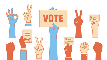 Diverse Hands Raised for Election and Voting: Vector Illustration of Group Showing Ballot Cards, Fists, Peace, and OK Signs for Civic Rights.