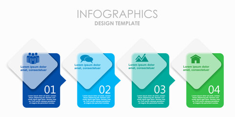 Four-step infographic with icons, titles, and text blocks in a clean, modern layout for business or presentation use. Vector illustration.