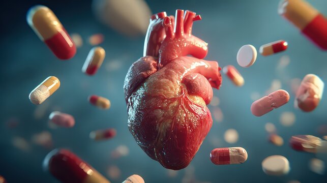 Anatomical Heart with Scattered Pills on a Dark Blue Background Illustrating Healthcare Concept