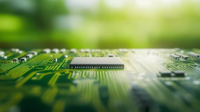 Microchip's Green Integration: A close-up view unveils a microchip intricately embedded within a circuit board, a striking fusion of technology and the environment.