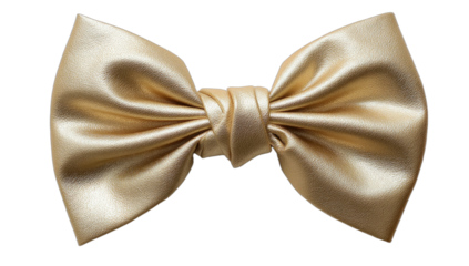 Close-up of a luxurious golden satin bow tie against a plain black background