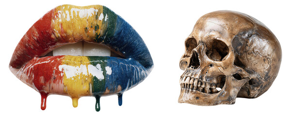 Colorful dripping pride lips next to antique human skull isolated on white background conceptual art contrast between beauty mortality life death diversity and