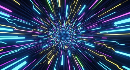 Dive into hyperspace with vibrant neon lights converging in a captivating tunnel, perfect for futuristic design, dynamic presentations, or immersive digital experiences