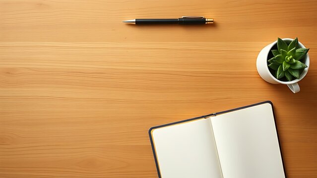 Minimalist wooden desk with an open notebook and writing tools, showcasing simplicity and productivity.