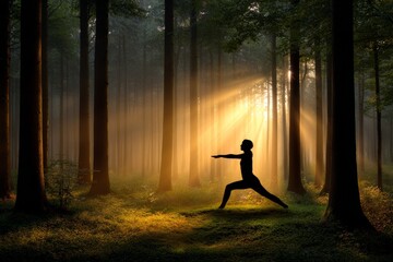 Silhouette of a person practicing yoga in a tranquil forest with golden sun rays streaming through the trees creating a peaceful mindful nature meditation atmosphere
