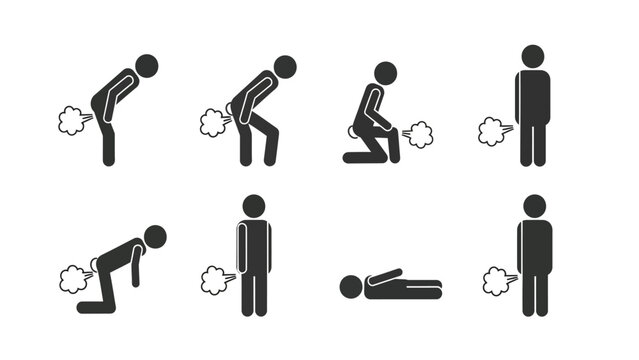 Farting Man Icon Set. Pictogram collection illustrating flatulence in various poses.