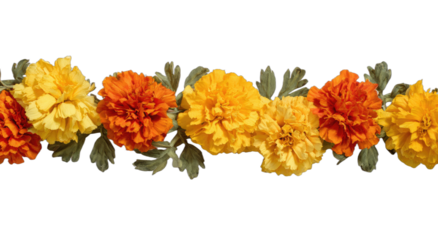 Horizontal border of vibrant orange and yellow flowers with green leaves on black