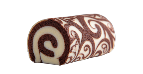 Close-up of a chocolate and vanilla swirl swiss roll cake with elegant patterns