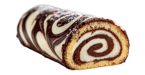 Delicious chocolate and vanilla swirl cake roll with powdered sugar on black background