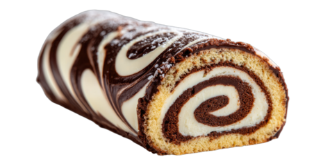 Delicious chocolate and vanilla swirl cake roll with powdered sugar on black background