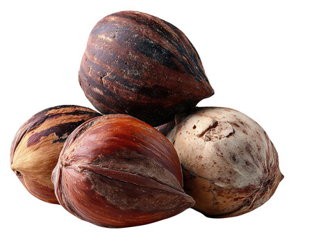 Cluster of Raw Shea Nuts or Karit? Nuts with Varied Brown Hues and Textured Shells Isolated on White Background Natural African Food Ingredient Edible Seed