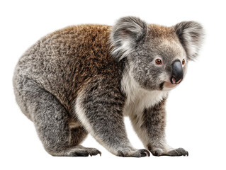 Cute Australian Koala Bear Standing on Four Paws Realistic Fur Texture Isolated on White Background Marsupial Wildlife Animal Copy Space for Design Projects