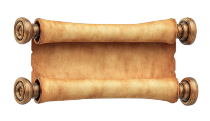 An antique, blank parchment scroll with ornate wooden handles, unrolled at the center