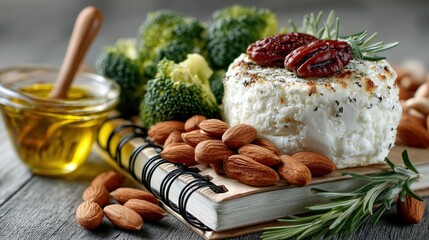 A close-up shot of a rustic arrangement of healthy food items including goat cheese, almonds, broccoli florets, and olive oil.