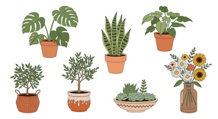 Vibrant vector illustration featuring a diverse collection of potted green houseplants and a fresh floral bouquet, perfect for home decor and botanical themes