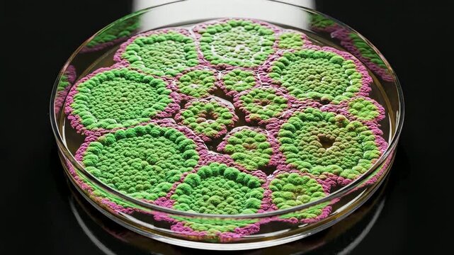 Sterile petri dish displays bacterial colonies, showcasing circular patterns on lab table. Intricate colony formations, a sterile petri dish containing circular growths, demonstrates microbiology.
