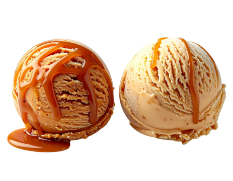Two Salted Caramel Ice Cream Scoop Variations, isolated on transparent background