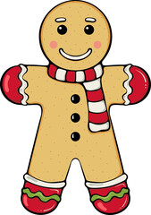 Gingerbread man cookie with striped scarf, decorated with icing details. Symbol of holiday baking for sticker, card. Simple vector color illustration with outline in hand drawn style isolated on white