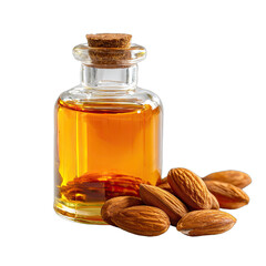 A small glass bottle filled with golden oil next to a pile of almonds