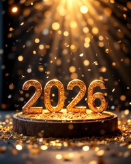 Golden Future: Illuminated '2026' A golden inscription of the year '2026' is set against a backdrop of shimmering light and falling confetti, symbolizing anticipation and prosperity. 