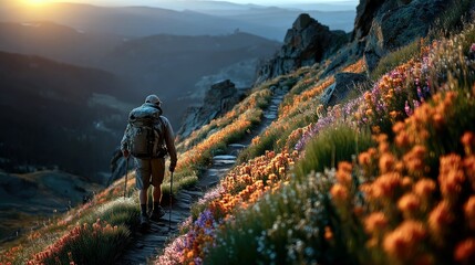 A lone hiker walks up a rocky mountain path, surrounded by colorful wildflowers, with the sun rising over a distant valley.