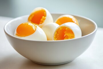A bowl of boiled eggs with a vibrant yellow yolk, set against a white background.