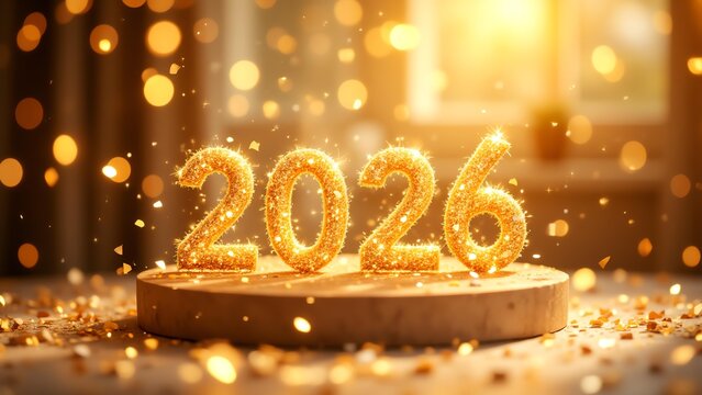 New Year 2026 Celebration: Golden numerals of 2026 gleam under a soft glow, symbolizing new beginnings, hope, and aspirations, a visual representation of the upcoming year's potential.