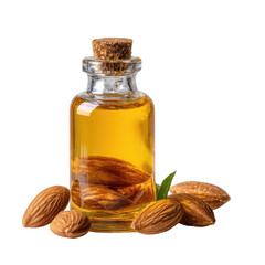 Amber oil in a corked glass bottle surrounded by whole almonds and some husks