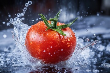 A vibrant red tomato, freshly plucked from a tree, is being splashed with water, creating a dynamic scene of freshness and vitality.