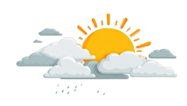 Bright cartoon sun above layered clouds, with rain falling from a single cloud