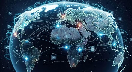 Visualize global connections and digital networking with this striking world map illustration, perfect for technology, business, and communications themes worldwide