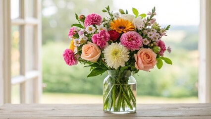 A beautiful mixed bouquet of flowers in a glass vase
