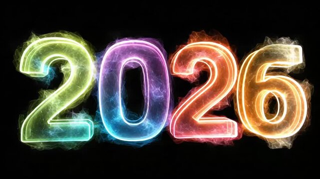 Futuristic 2026 numerical sign glowing with vibrant abstract energy and plasma effects.
