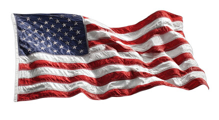 Rippling fabric of the United States flag against a dark, transparent background