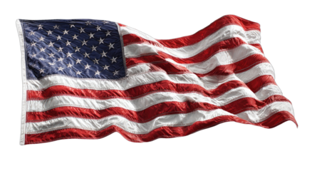Rippling fabric of the United States flag against a dark, transparent background