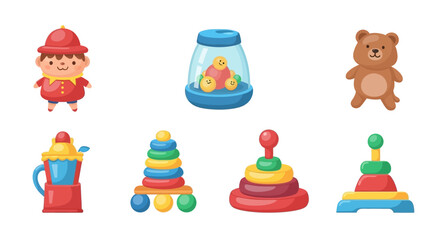 Cute cartoon collection of developmental toys for children, featuring a stacking pyramid, bear, and doll. Isolated vector elements