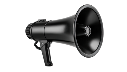 A sleek 3D rendered black megaphone with a glossy finish on a dark background