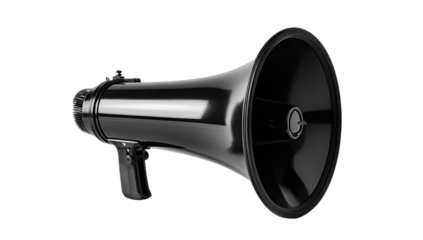 Sleek, modern, glossy black megaphone with handle, isolated on a dark background