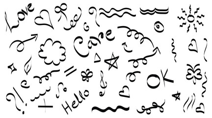 hand drawn doodle shapes and symbols sketch collection on white background, minimalist black line doodle icons with hearts stars arrows and swirls, abstract playful doodle elements set 