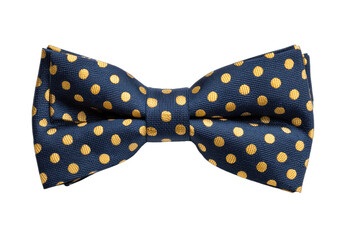 Dapper dark blue bow tie with cheerful gold polka dots