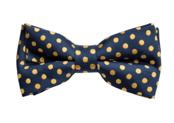 Dapper dark blue bow tie with cheerful gold polka dots