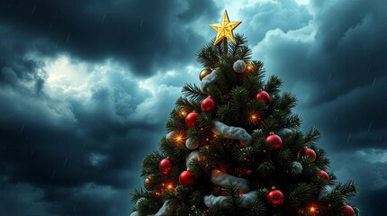 Cute Adorable Christmas Tree with Charming Features Under Intense Dramatic Stormy Skies
