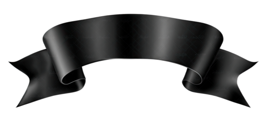 A shiny black three-dimensional curved ribbon banner with elegant flowing ends