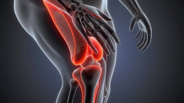 A detailed 3D cutaway illustration of the human leg and arm showing highlighted muscle tissue and joint structures. The transparent skeletal frame exposes bones, muscles, and connective areas. Useful 