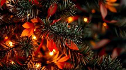 Extreme Macro Close-Up of Christmas Tree Details in Warm Autumn Colors