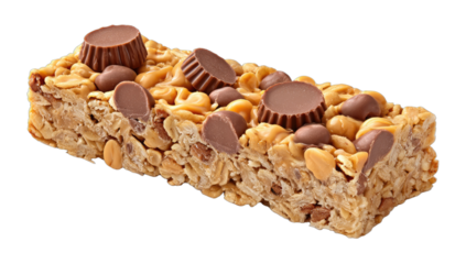 Close-up of a sweet, textured granola bar with peanuts and chocolate candy pieces