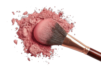 Pink cosmetic powder heap with a soft makeup brush, ready for beauty application