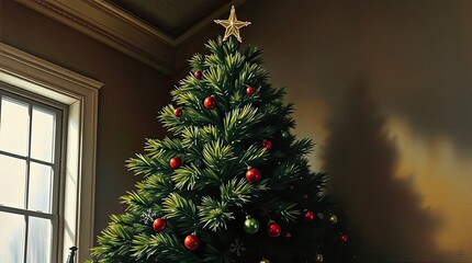Classic Oil Painting Christmas Tree with Dramatic Chiaroscuro Lighting and Rich Textured Brushstrokes